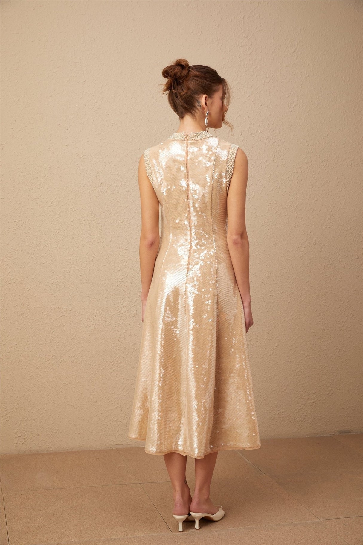 Callie Midi Dress – Crew Neck – Sequin Embellishment – Calf Length