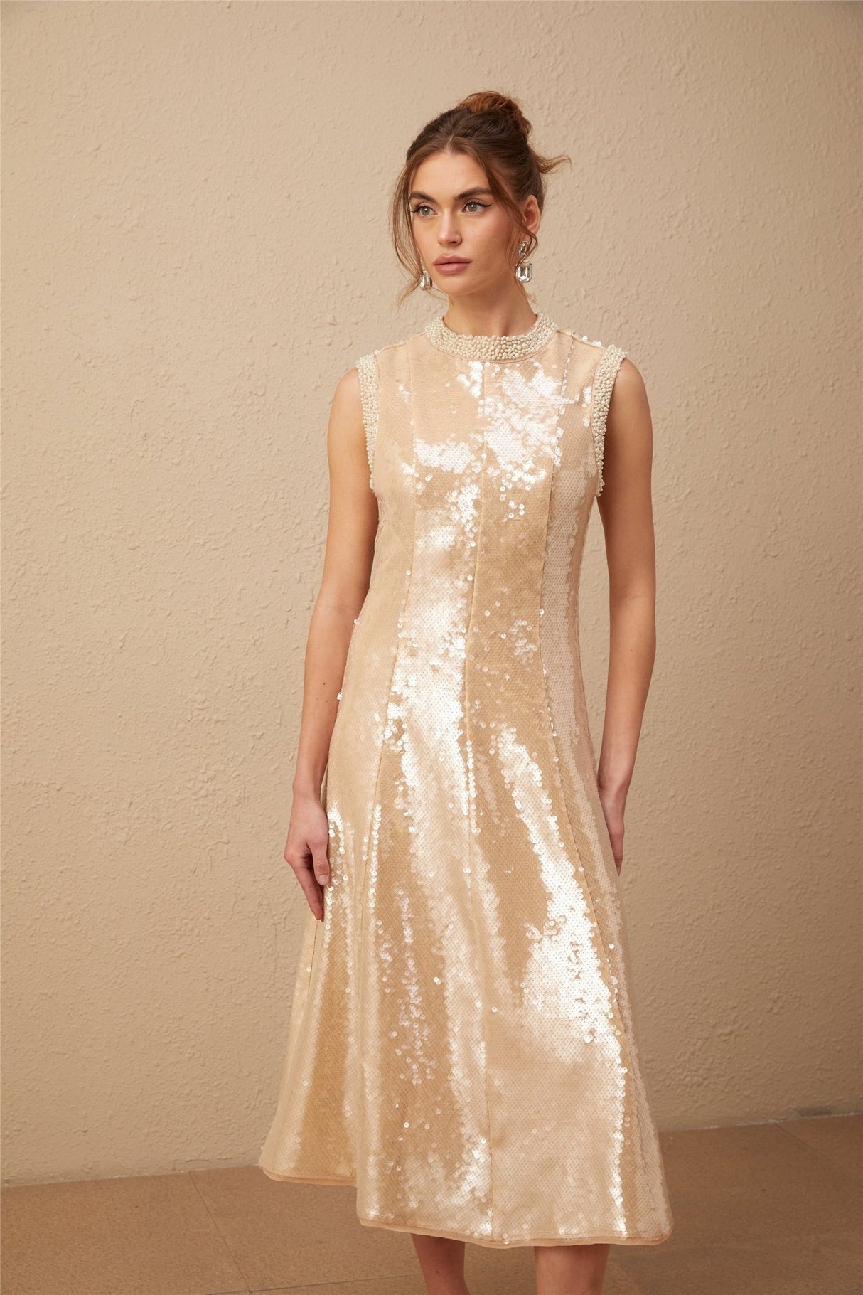 Callie Midi Dress – Crew Neck – Sequin Embellishment – Calf Length