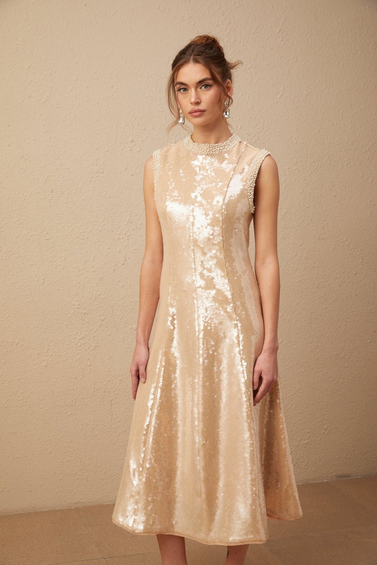 Callie Midi Dress – Crew Neck – Sequin Embellishment – Calf Length