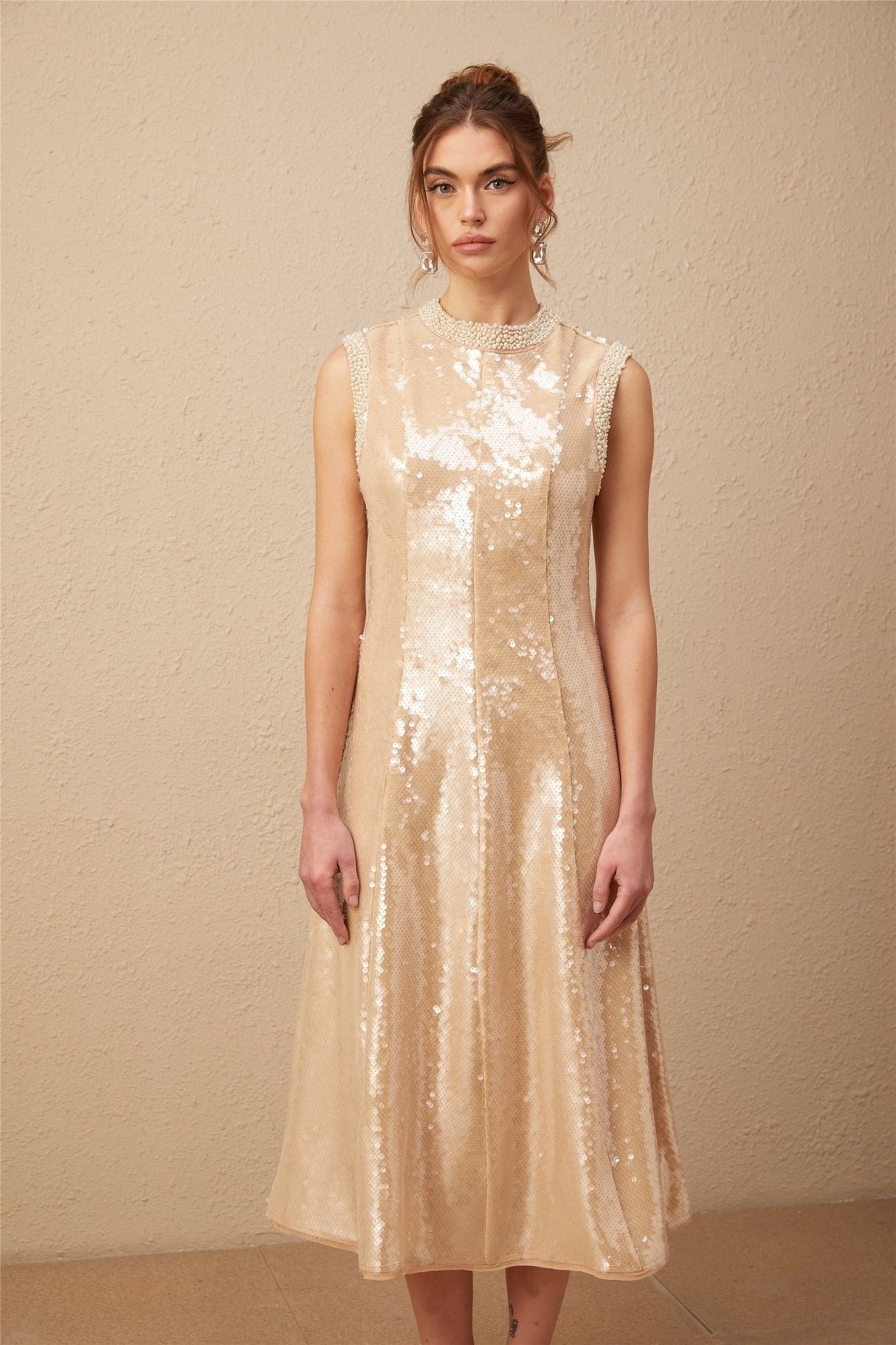 Callie Midi Dress – Crew Neck – Sequin Embellishment – Calf Length