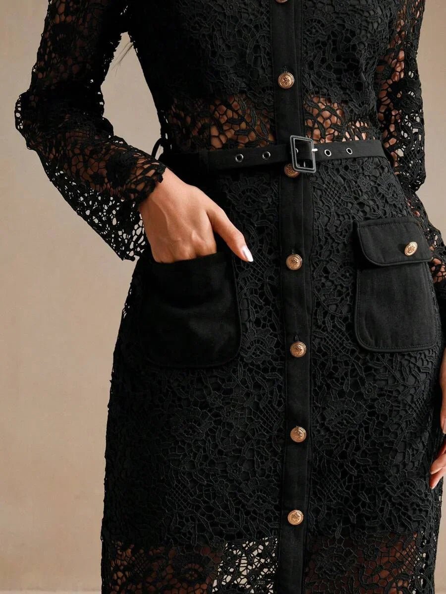 Callie Midi Dress - Neckline Collar - Occasion Night Out - Elegant Style - High Waist - Long Sleeve
