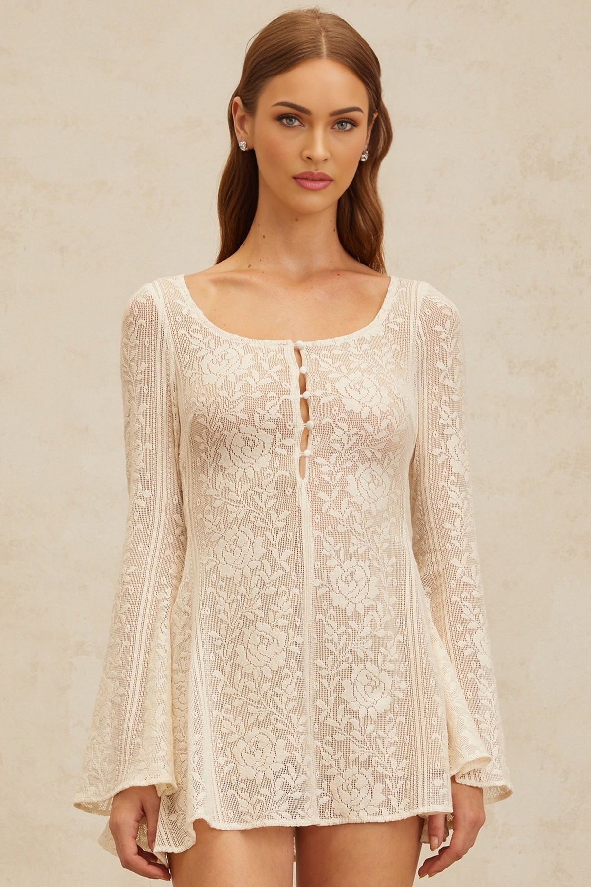 Callie Mini Dress - Scoop Neck - Long Sleeves - Floral Jacquard - Flared Skirt - Crochet Knit