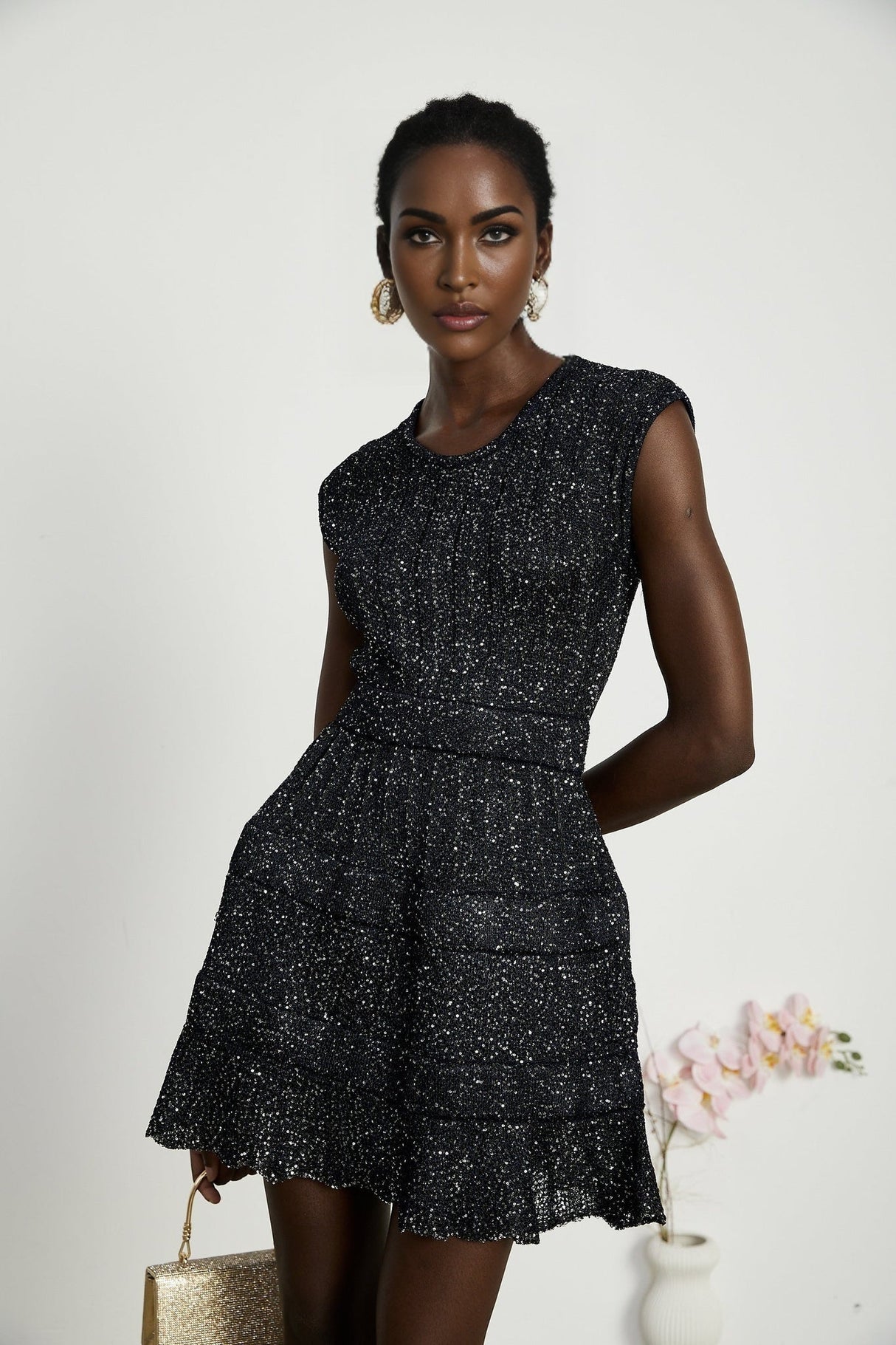 Callie Mini Dress - Sleeveless - Tiered Skirt - Sequin Details - Knitted Construction