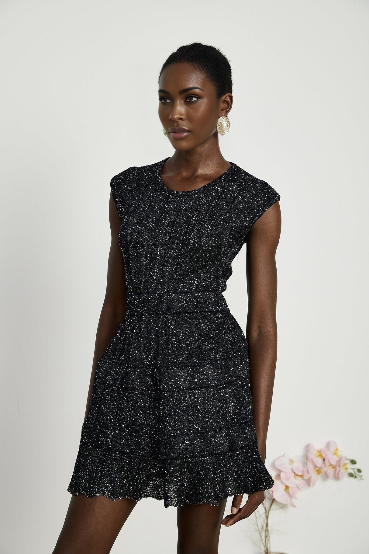 Callie Mini Dress - Sleeveless - Tiered Skirt - Sequin Details - Knitted Construction