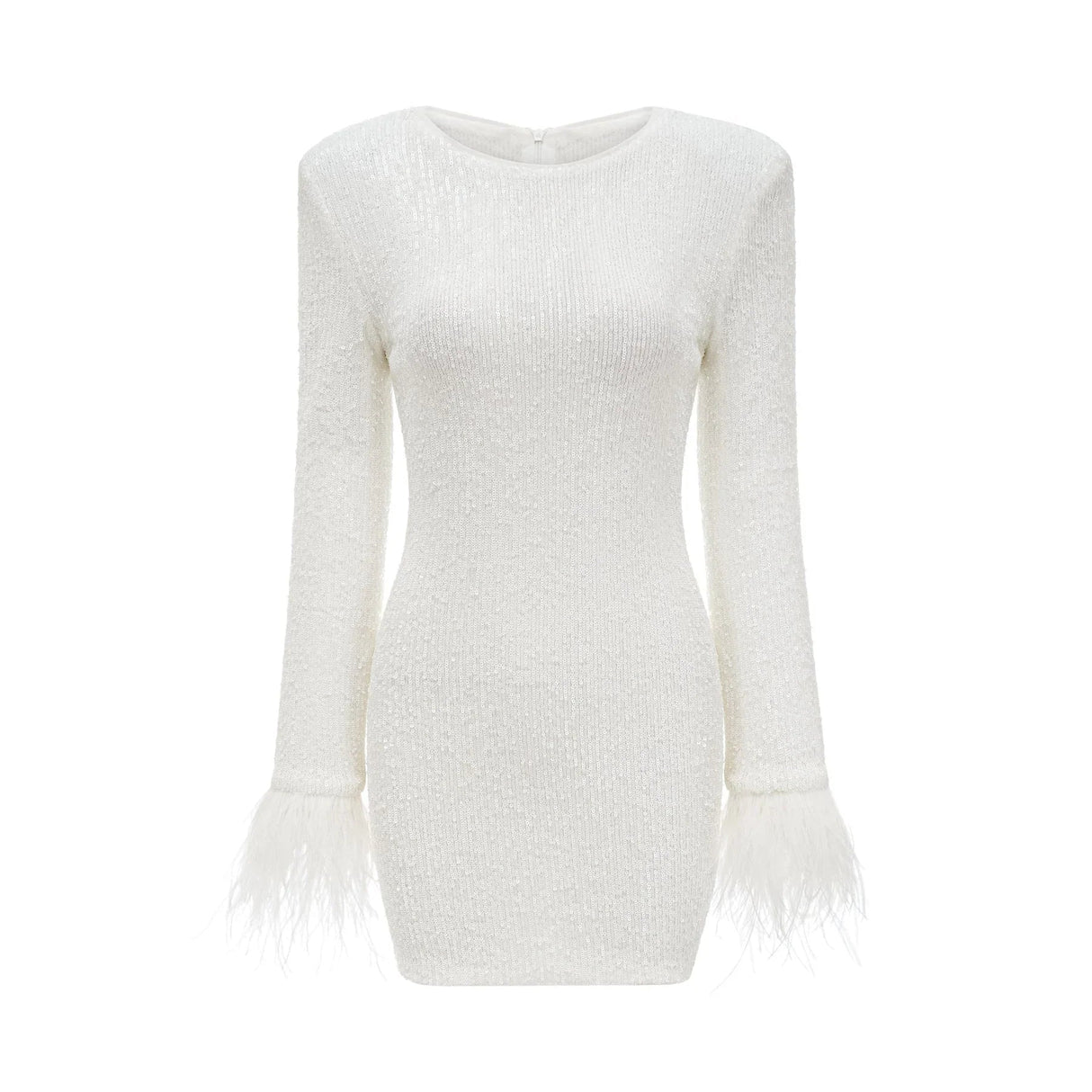 Callie Round Neck Mini Dress – Feather Cuffs – Sequin Embellished – Long Sleeves – Tailored Fit