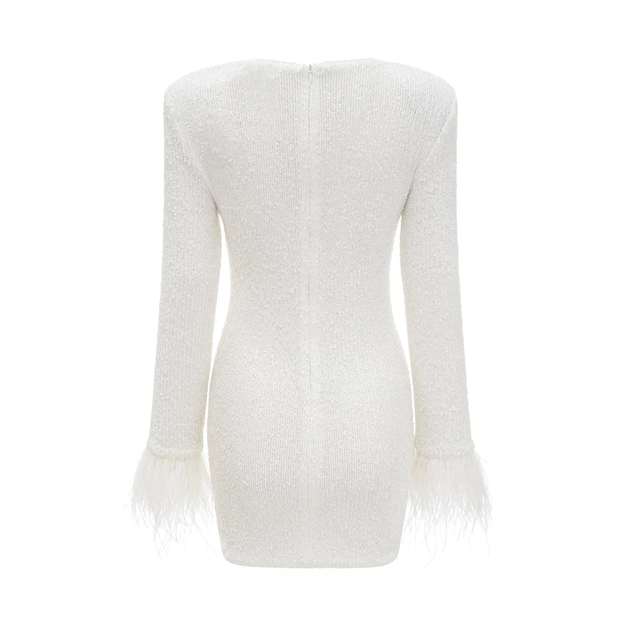 Callie Round Neck Mini Dress – Feather Cuffs – Sequin Embellished – Long Sleeves – Tailored Fit
