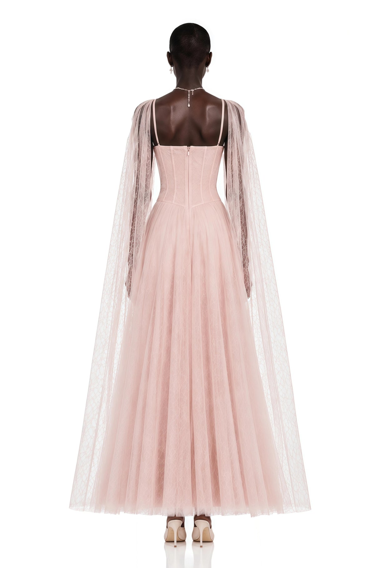 Calliope Pink Ruched Lace Maxi Dress with Cape
