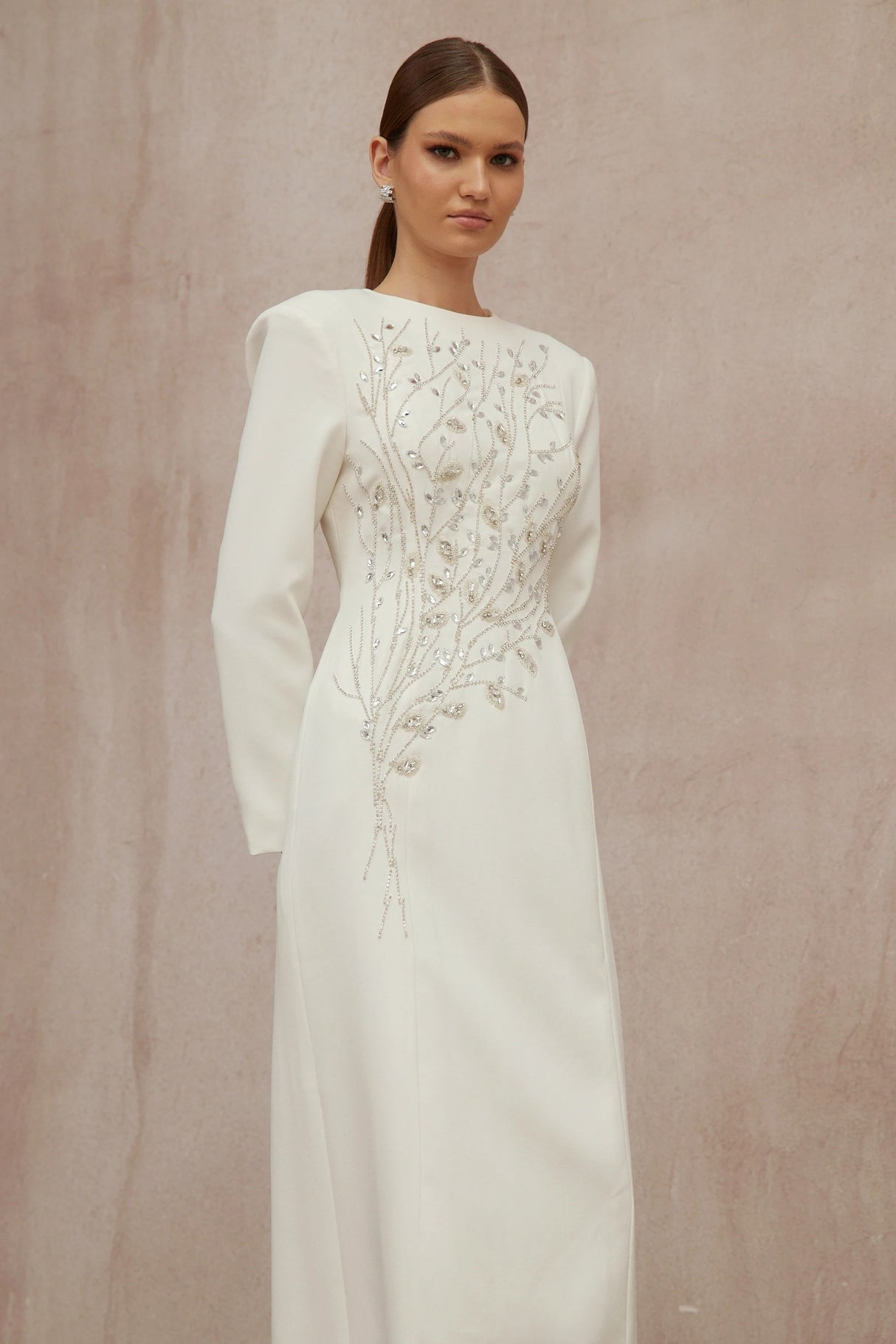 Calliopée White Leaf Appliqué Embellished Maxi Gown