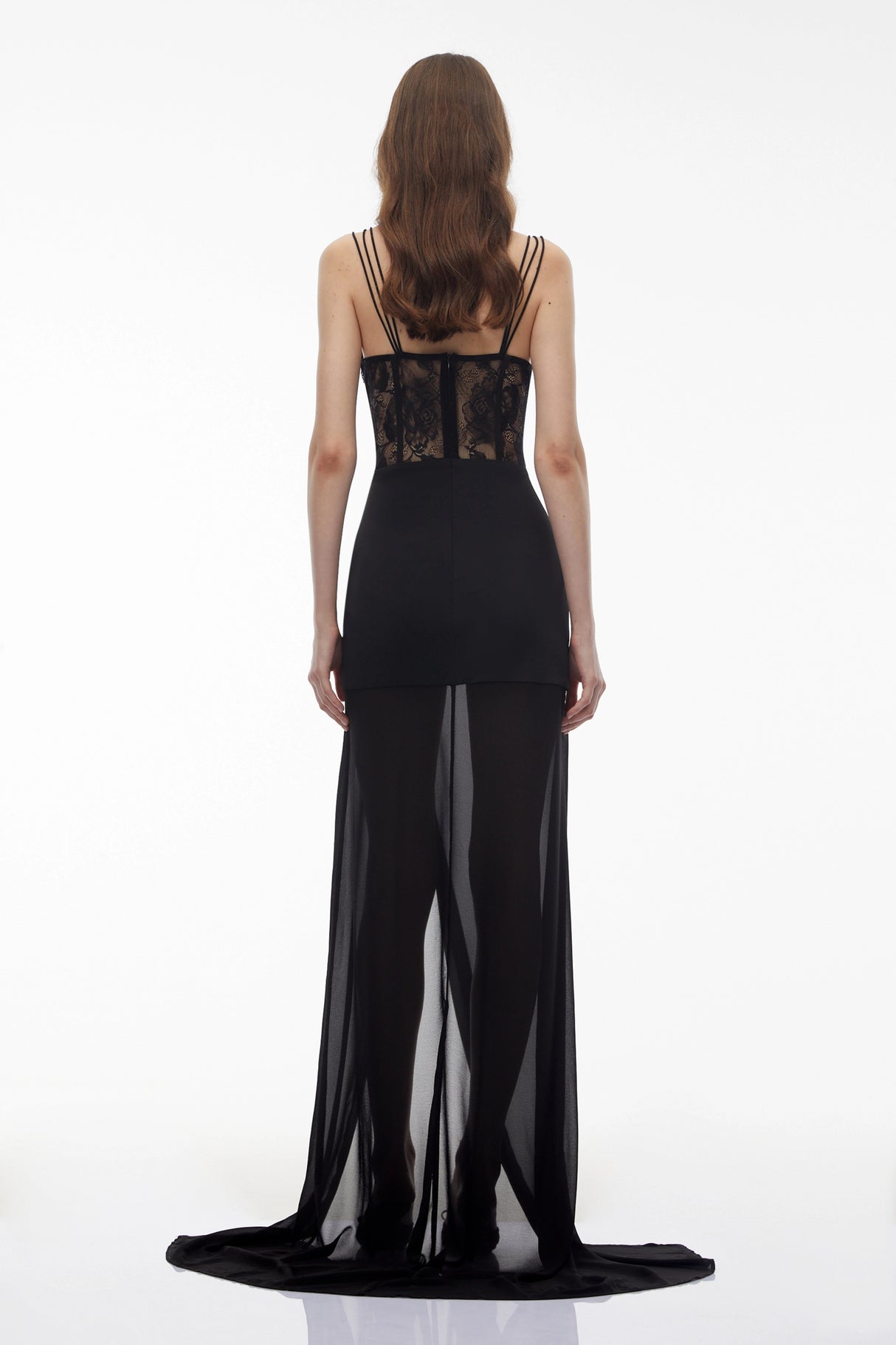 Callirhoe Black Sheer Lace Corset Maxi Dress