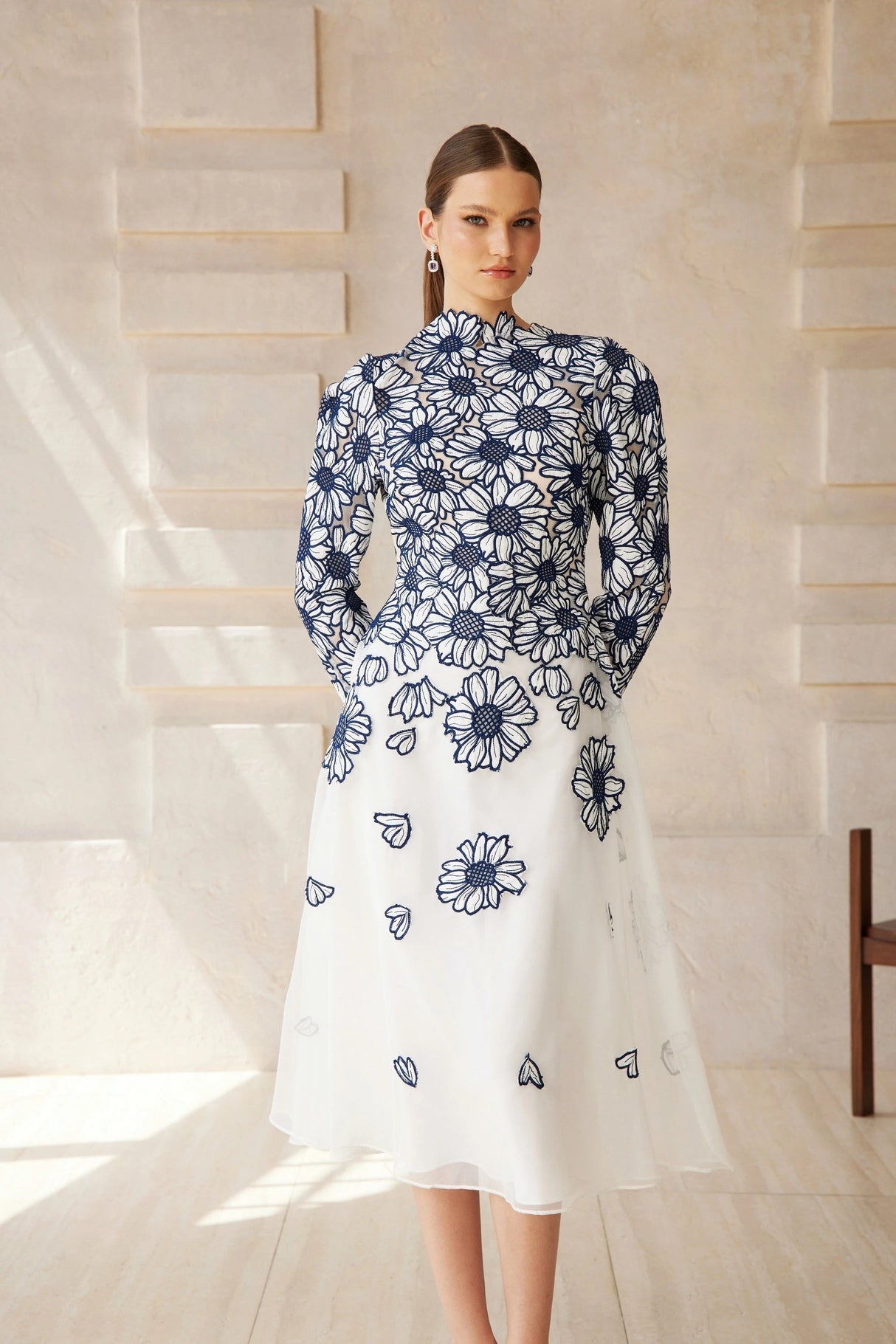 Caméo Blue Floral Embroidered Tulle Midi Dress