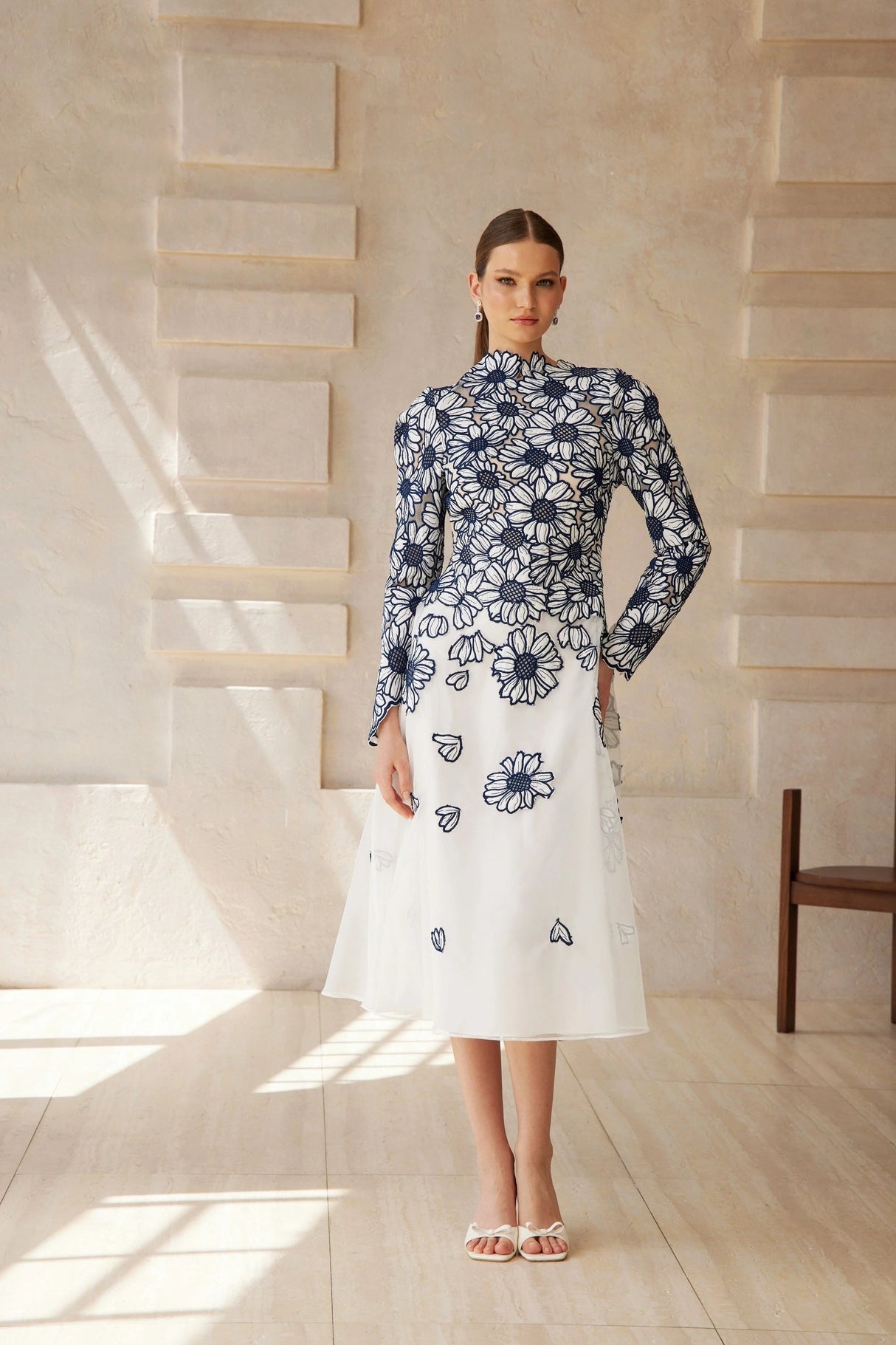 Caméo Blue Floral Embroidered Tulle Midi Dress