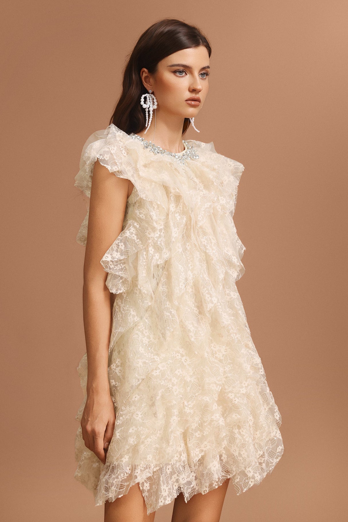 Camila Beige Lace Ruffled Tiered Mini Dress with Diamond Detailing