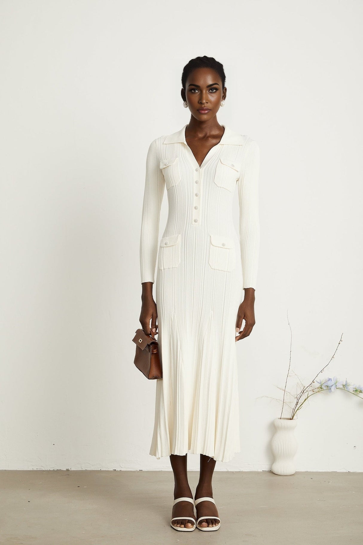 Camila Midi Dress - Ribbed Knit - Lapels and Pockets - Mermaid Hem Design