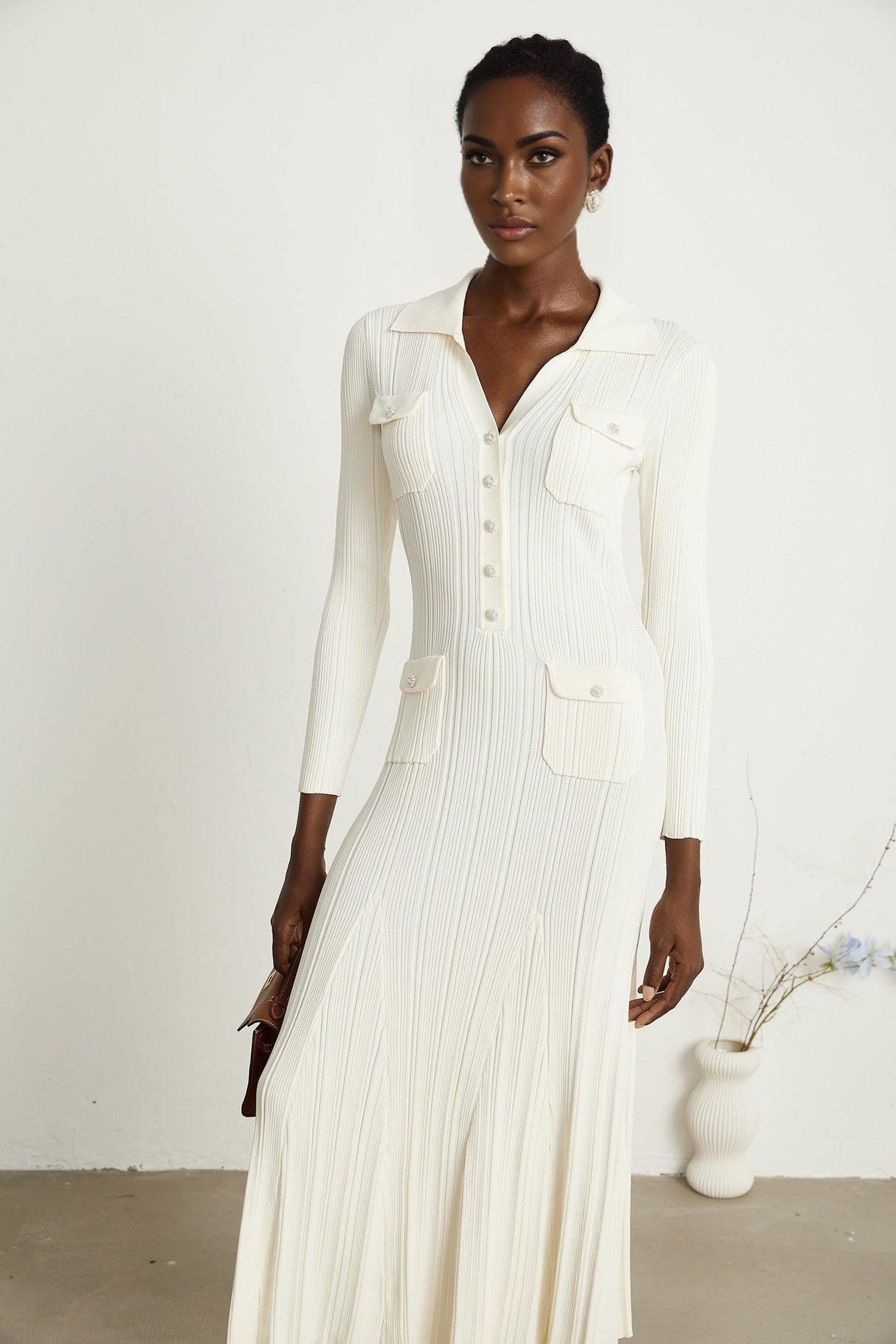 Camila Midi Dress - Ribbed Knit - Lapels and Pockets - Mermaid Hem Design