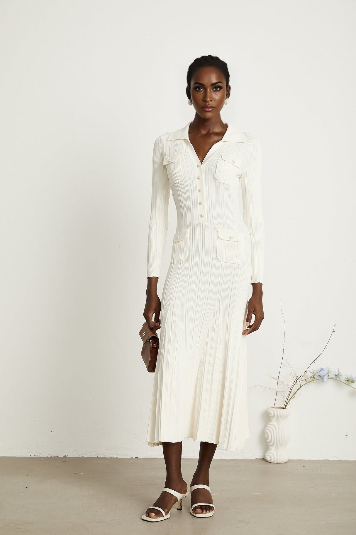 Camila Midi Dress - Ribbed Knit - Lapels and Pockets - Mermaid Hem Design