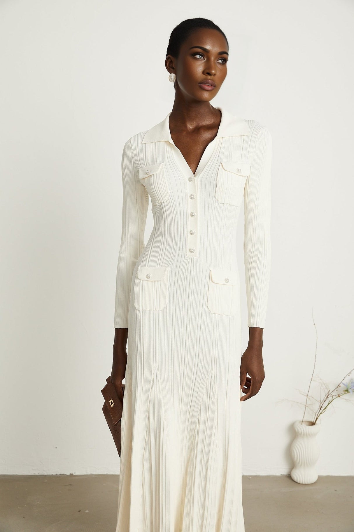 Camila Midi Dress - Ribbed Knit - Lapels and Pockets - Mermaid Hem Design