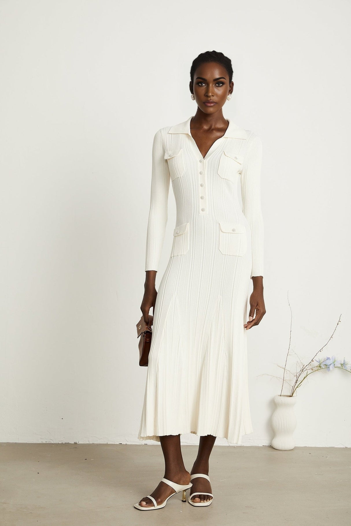 Camila Midi Dress - Ribbed Knit - Lapels and Pockets - Mermaid Hem Design