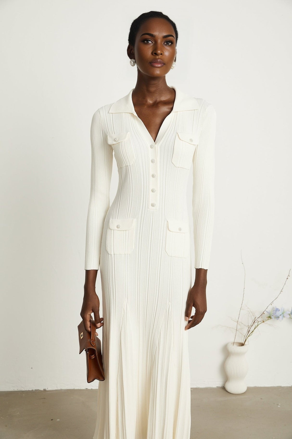 Camila Midi Dress - Ribbed Knit - Lapels and Pockets - Mermaid Hem Design