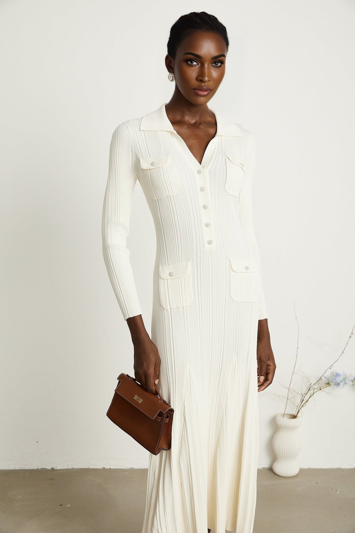 Camila Midi Dress - Ribbed Knit - Lapels and Pockets - Mermaid Hem Design