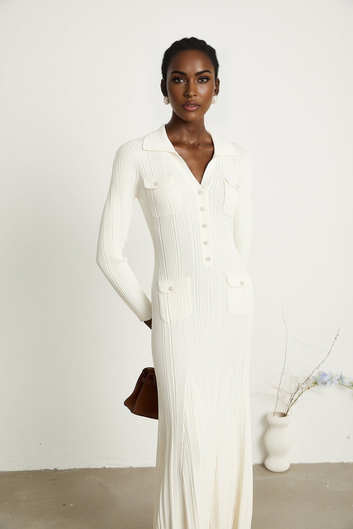 Camila Midi Dress - Ribbed Knit - Lapels and Pockets - Mermaid Hem Design