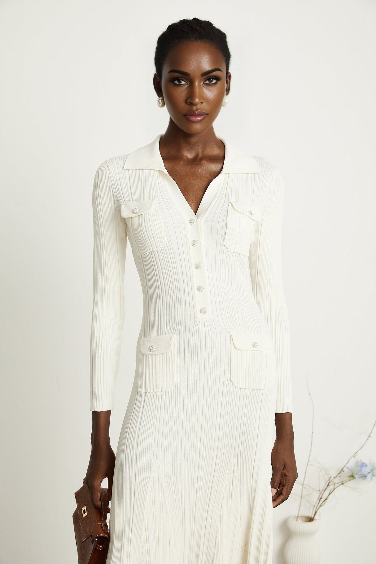 Camila Midi Dress - Ribbed Knit - Lapels and Pockets - Mermaid Hem Design