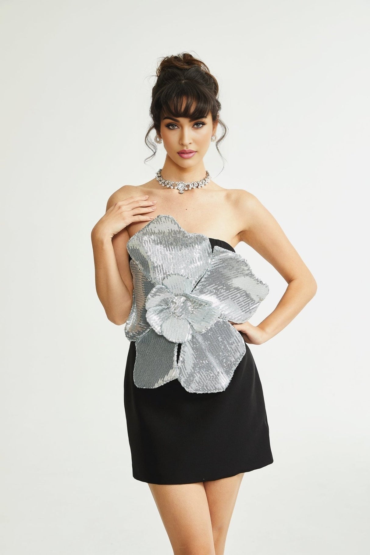 Camila Mini Dress - Sleeveless Off the Shoulder Sequin Embellished Faux - Flower Accent