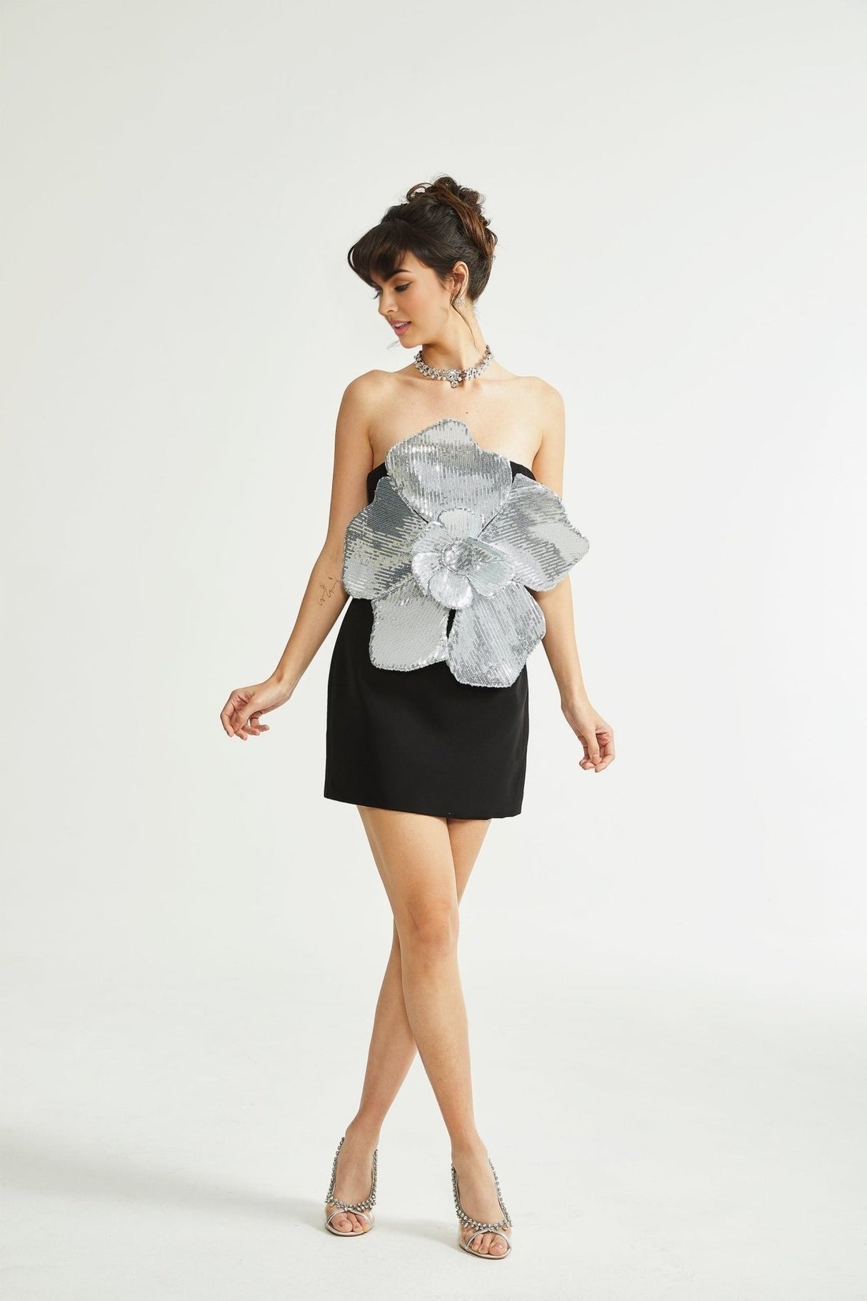Camila Mini Dress - Sleeveless Off the Shoulder Sequin Embellished Faux - Flower Accent