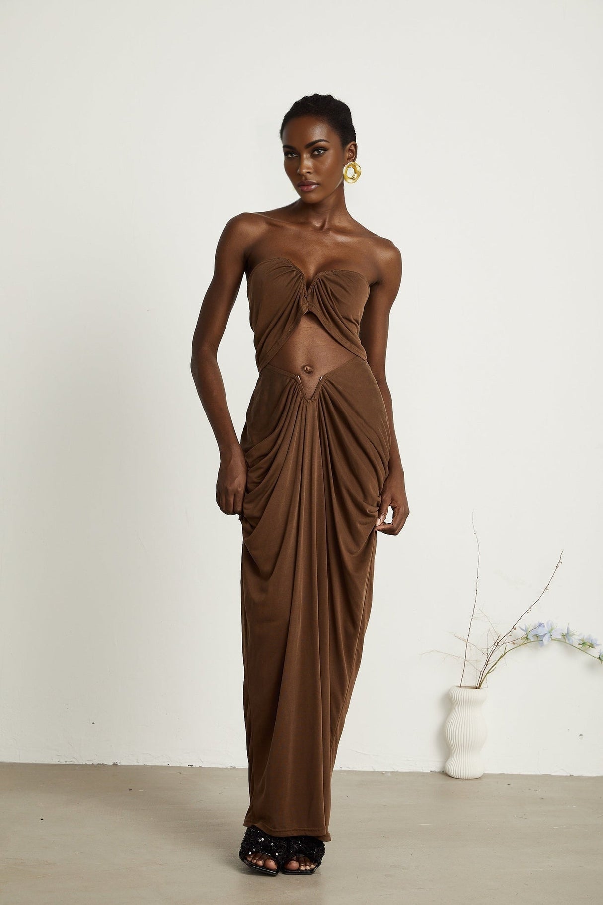 Camila Skirt & Top Set - Sleeveless - Off the Shoulder - Ruched Detailing - Maxi Length