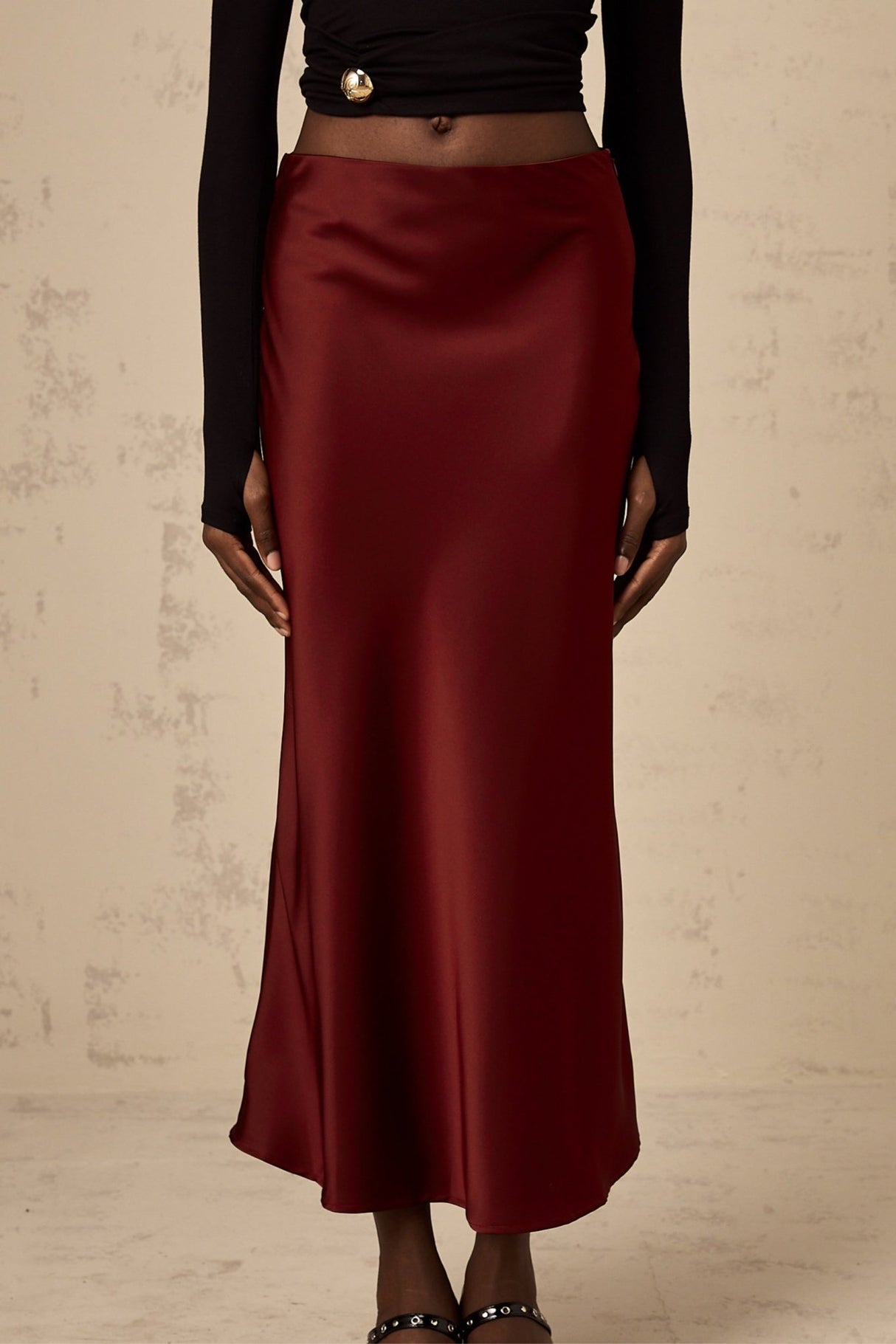 Camilla Flared Hem Skirt - Satin Finish - Twill Weave - Side Zip Fastening - Calf Length