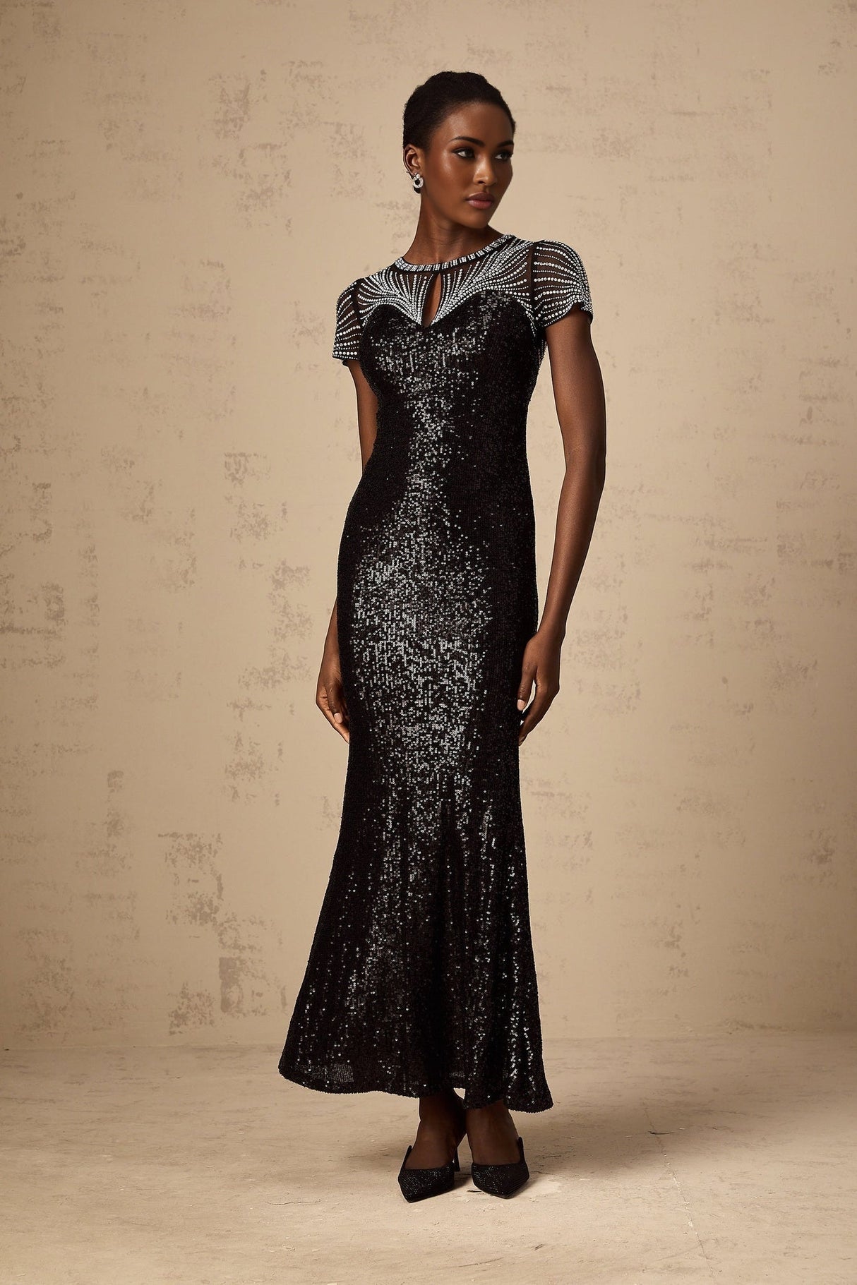 Camilla Maxi Dress - Round Neck Design - Short Sleeves - Sequin and Stud Embellished - Cut - out Details