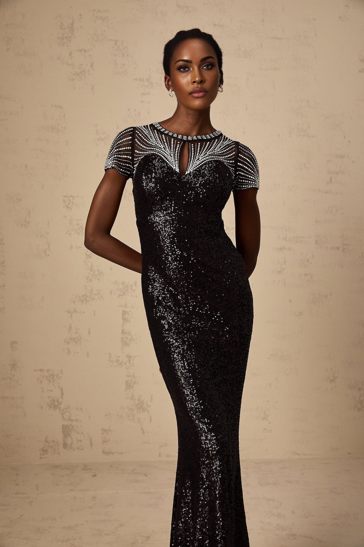 Camilla Maxi Dress - Round Neck Design - Short Sleeves - Sequin and Stud Embellished - Cut - out Details