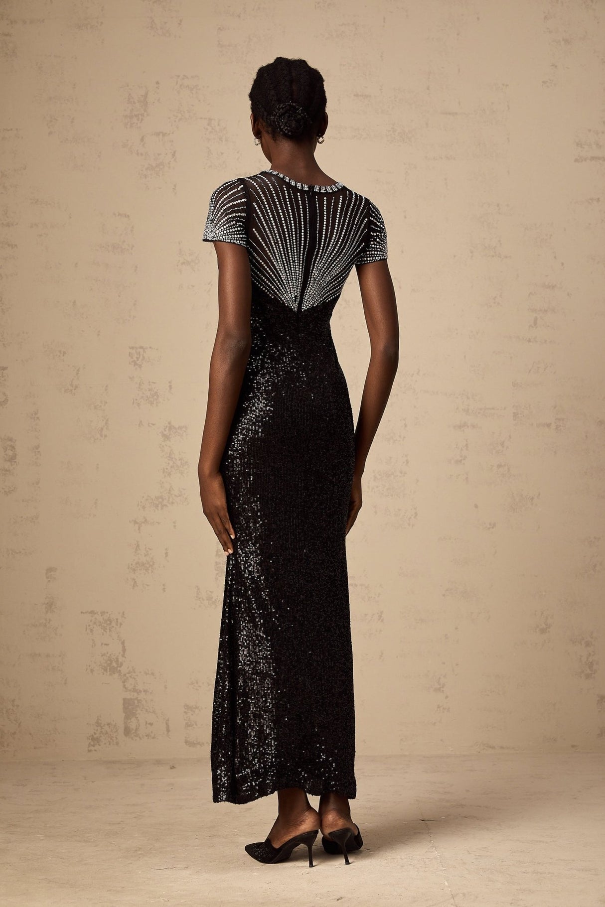Camilla Maxi Dress - Round Neck Design - Short Sleeves - Sequin and Stud Embellished - Cut - out Details