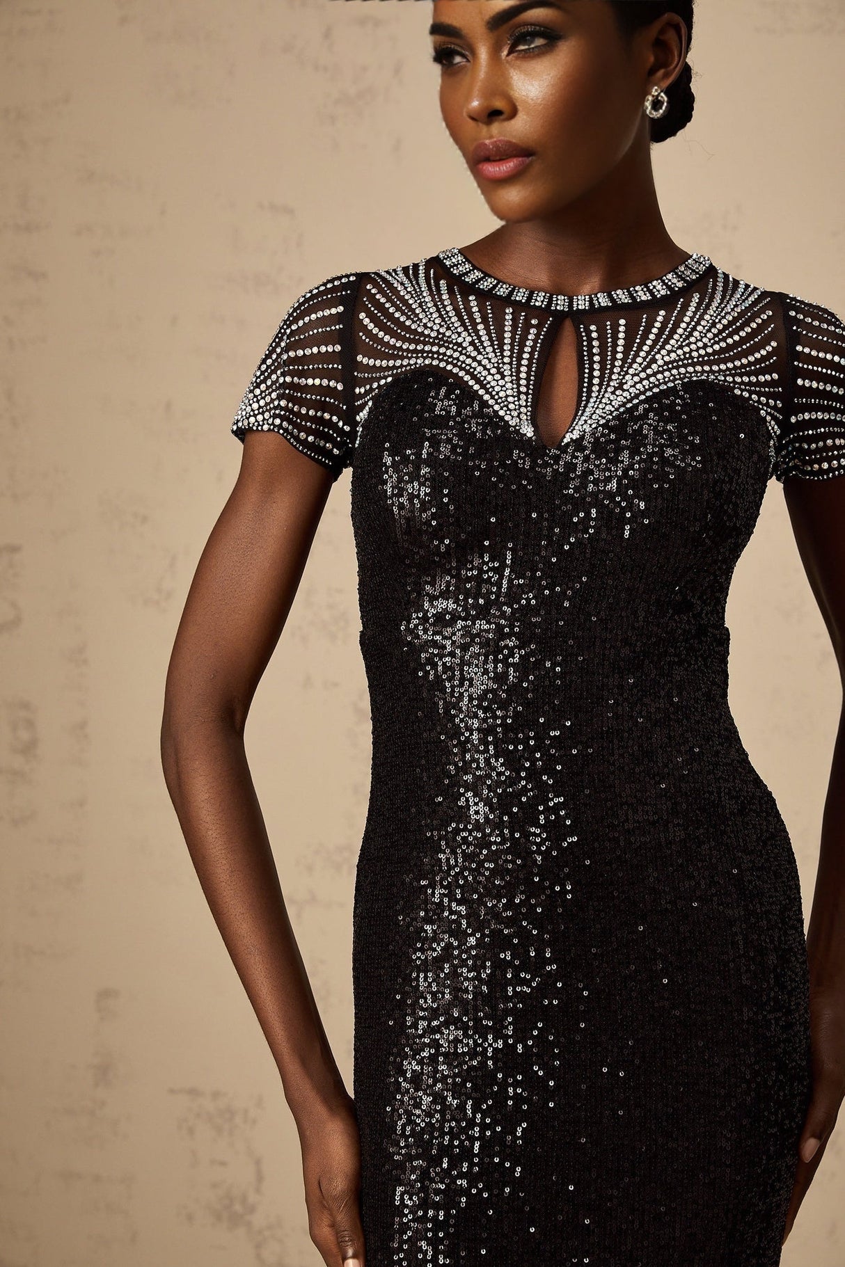 Camilla Maxi Dress - Round Neck Design - Short Sleeves - Sequin and Stud Embellished - Cut - out Details