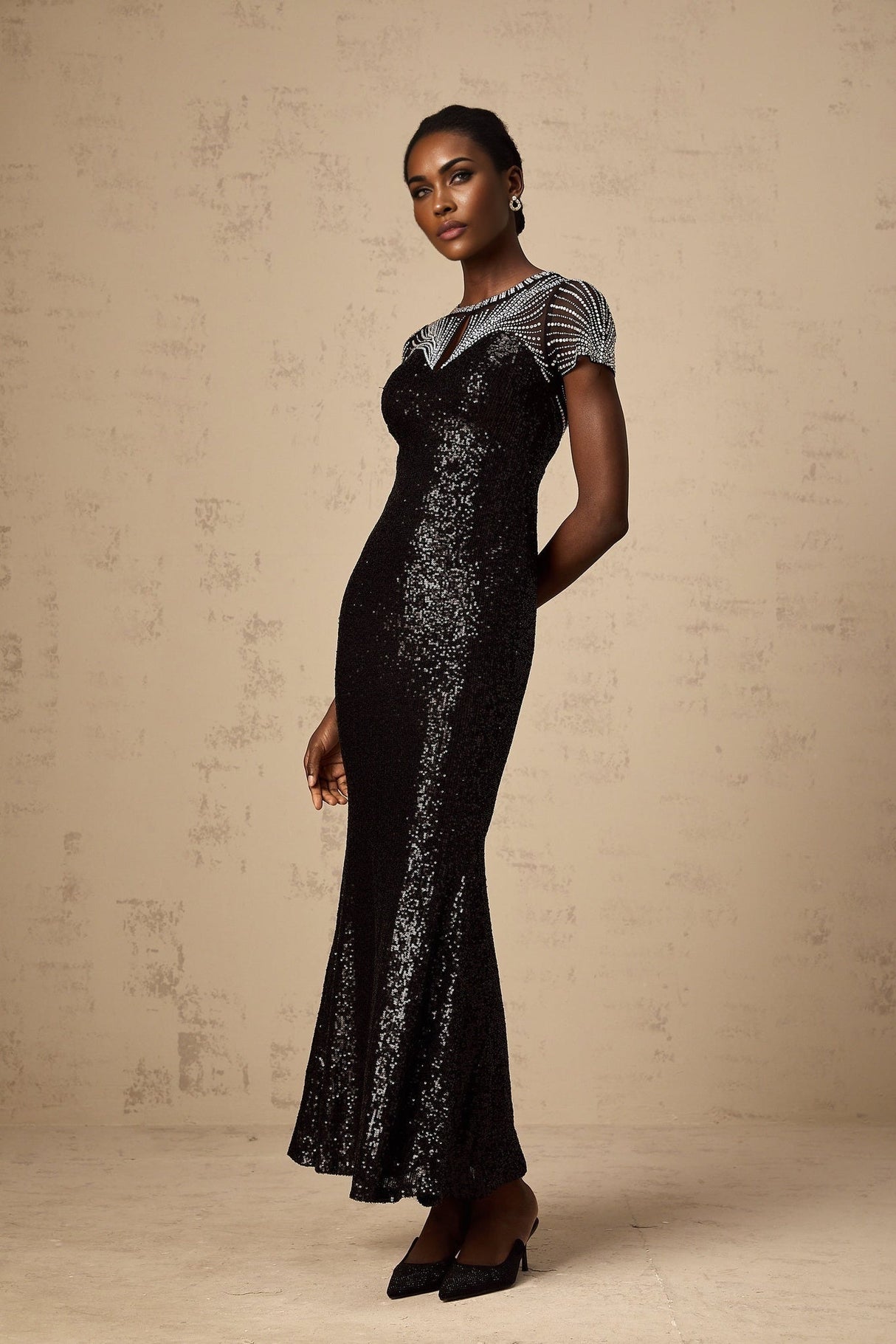 Camilla Maxi Dress - Round Neck Design - Short Sleeves - Sequin and Stud Embellished - Cut - out Details