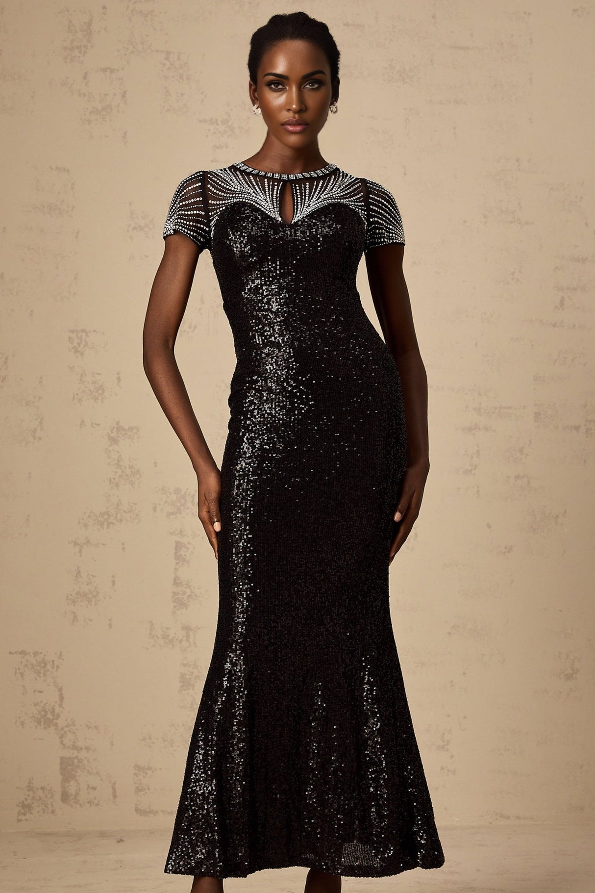 Camilla Maxi Dress - Round Neck Design - Short Sleeves - Sequin and Stud Embellished - Cut - out Details