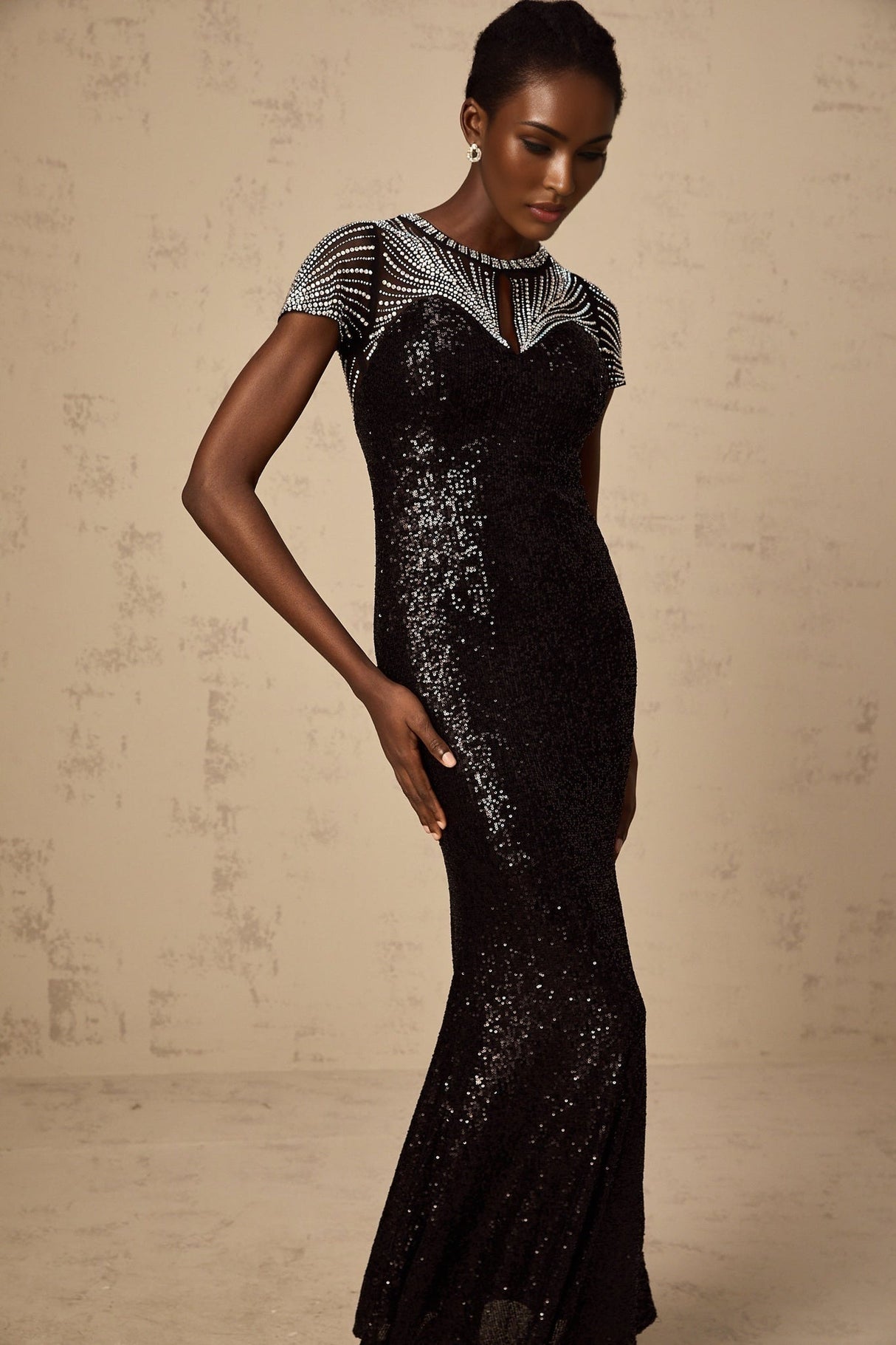 Camilla Maxi Dress - Round Neck Design - Short Sleeves - Sequin and Stud Embellished - Cut - out Details