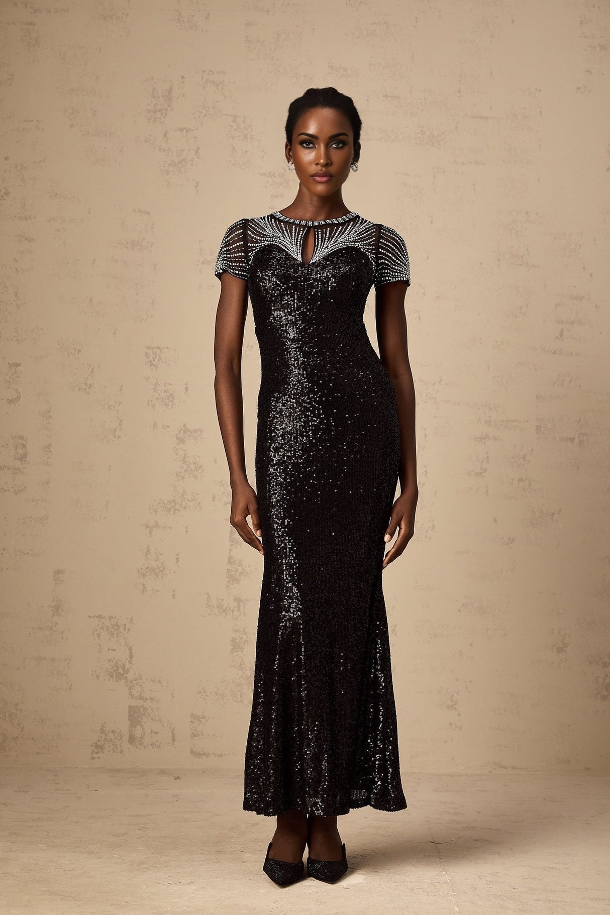 Camilla Maxi Dress - Round Neck Design - Short Sleeves - Sequin and Stud Embellished - Cut - out Details