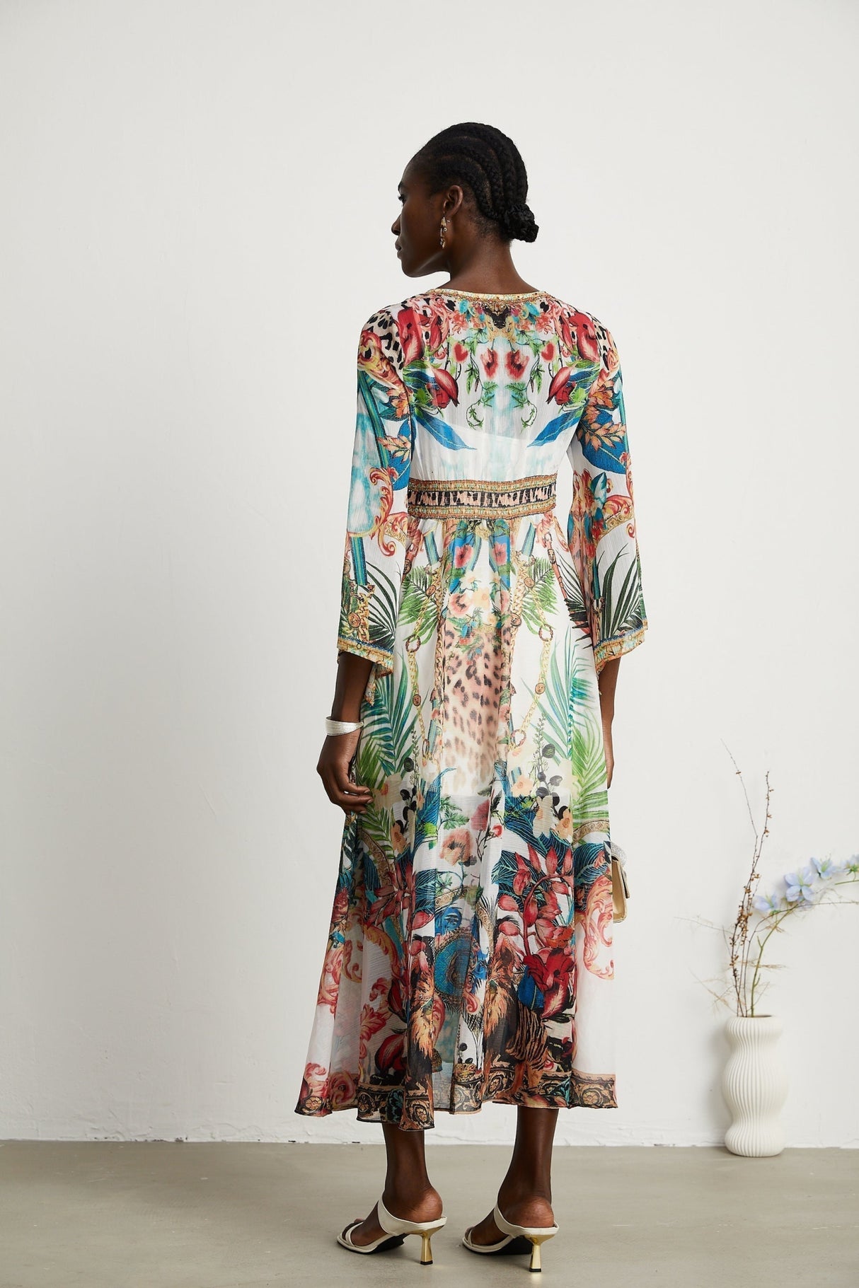 Camilla Midi Dress - Long Sleeves - Deep V - Neckline - All - over Graphic - Crystal Embellishment