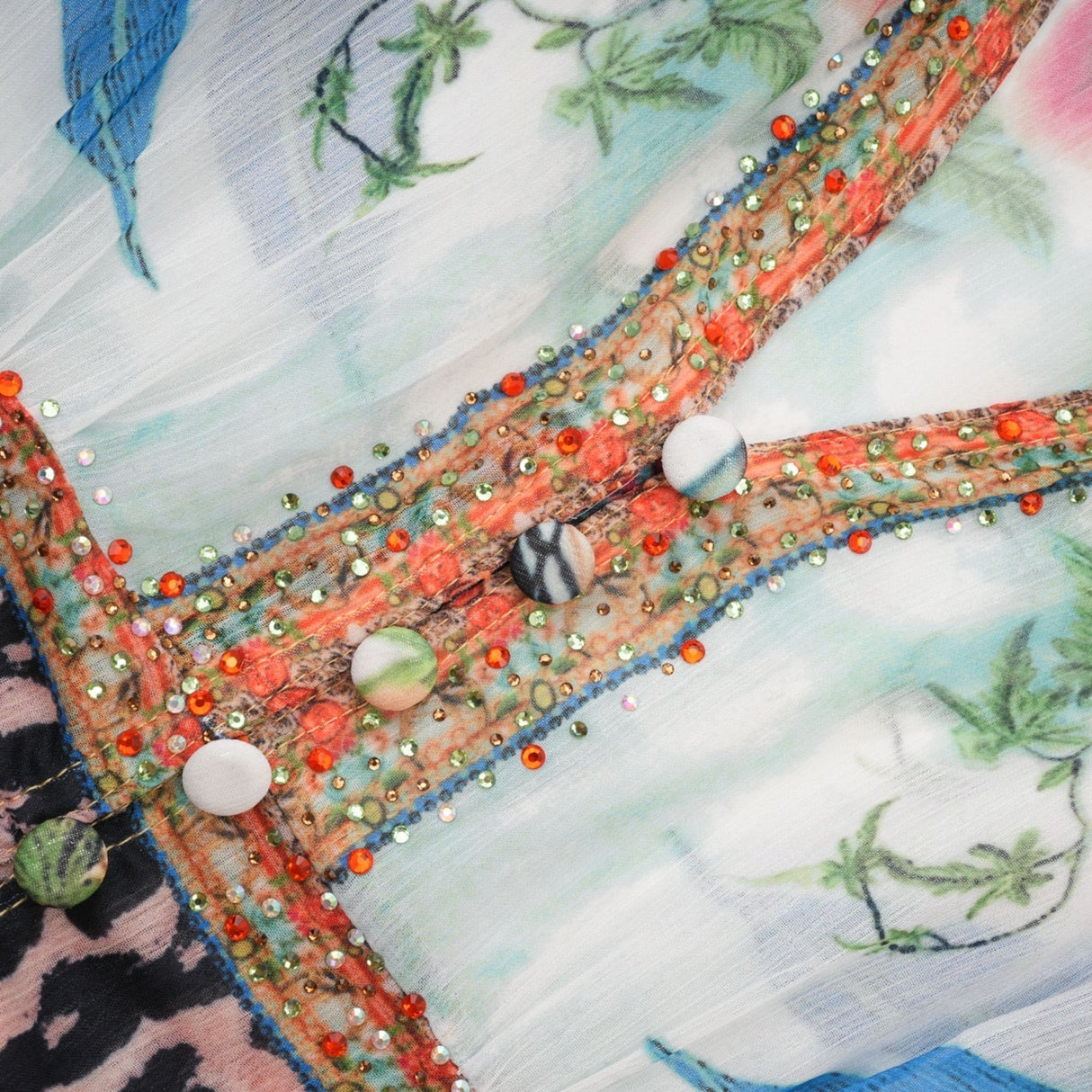 Camilla Midi Dress - Long Sleeves - Deep V - Neckline - All - over Graphic - Crystal Embellishment