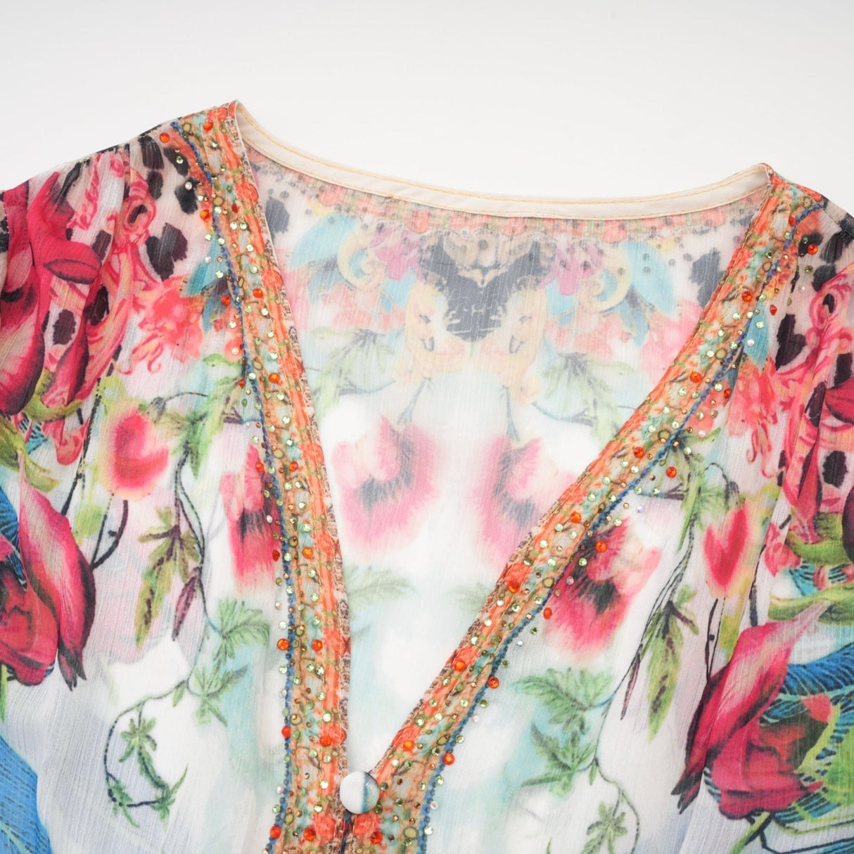 Camilla Midi Dress - Long Sleeves - Deep V - Neckline - All - over Graphic - Crystal Embellishment