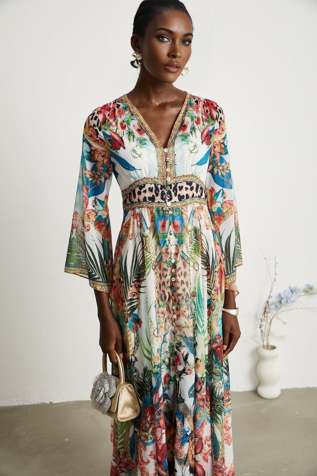 Camilla Midi Dress - Long Sleeves - Deep V - Neckline - All - over Graphic - Crystal Embellishment