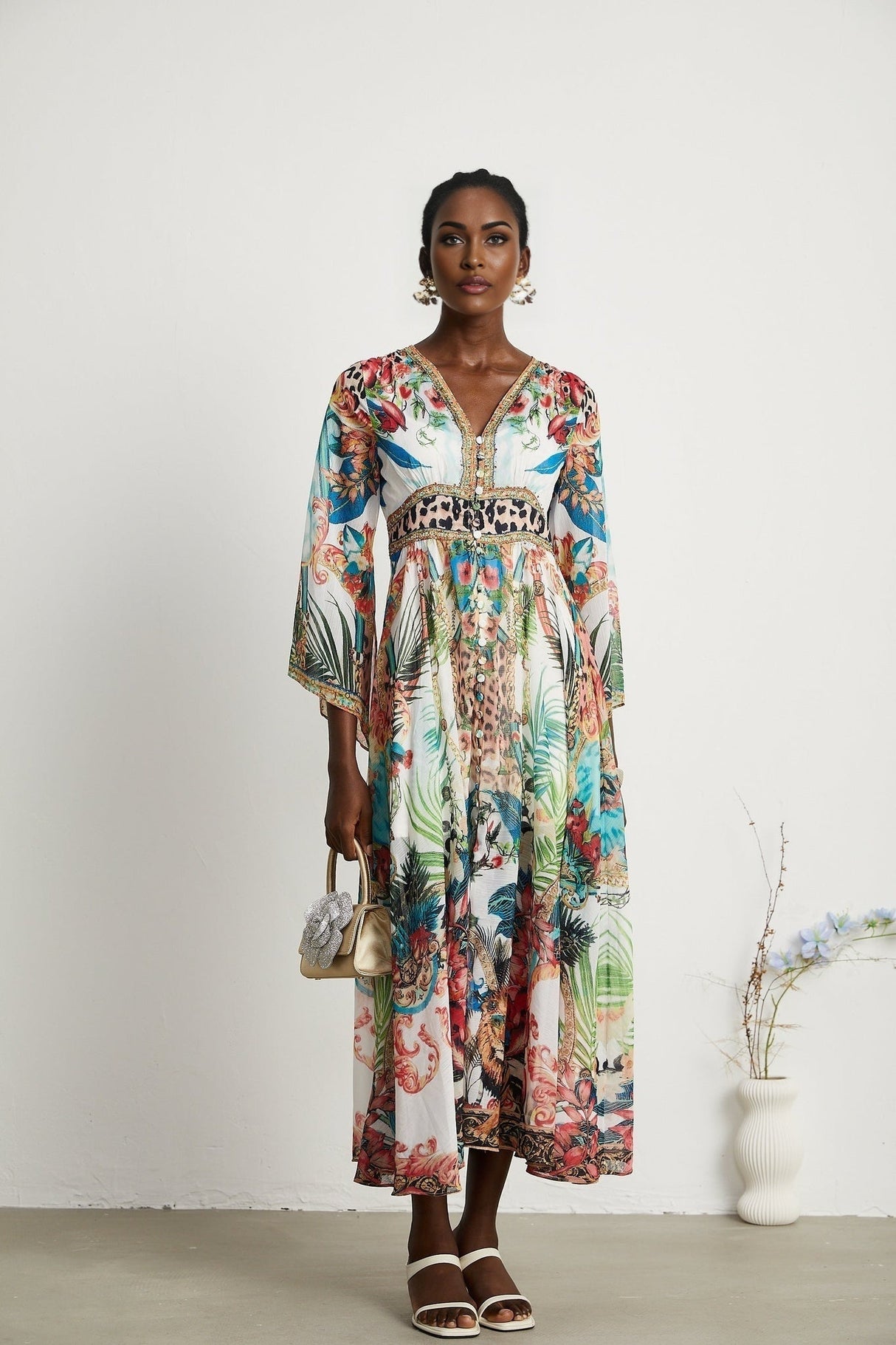 Camilla Midi Dress - Long Sleeves - Deep V - Neckline - All - over Graphic - Crystal Embellishment