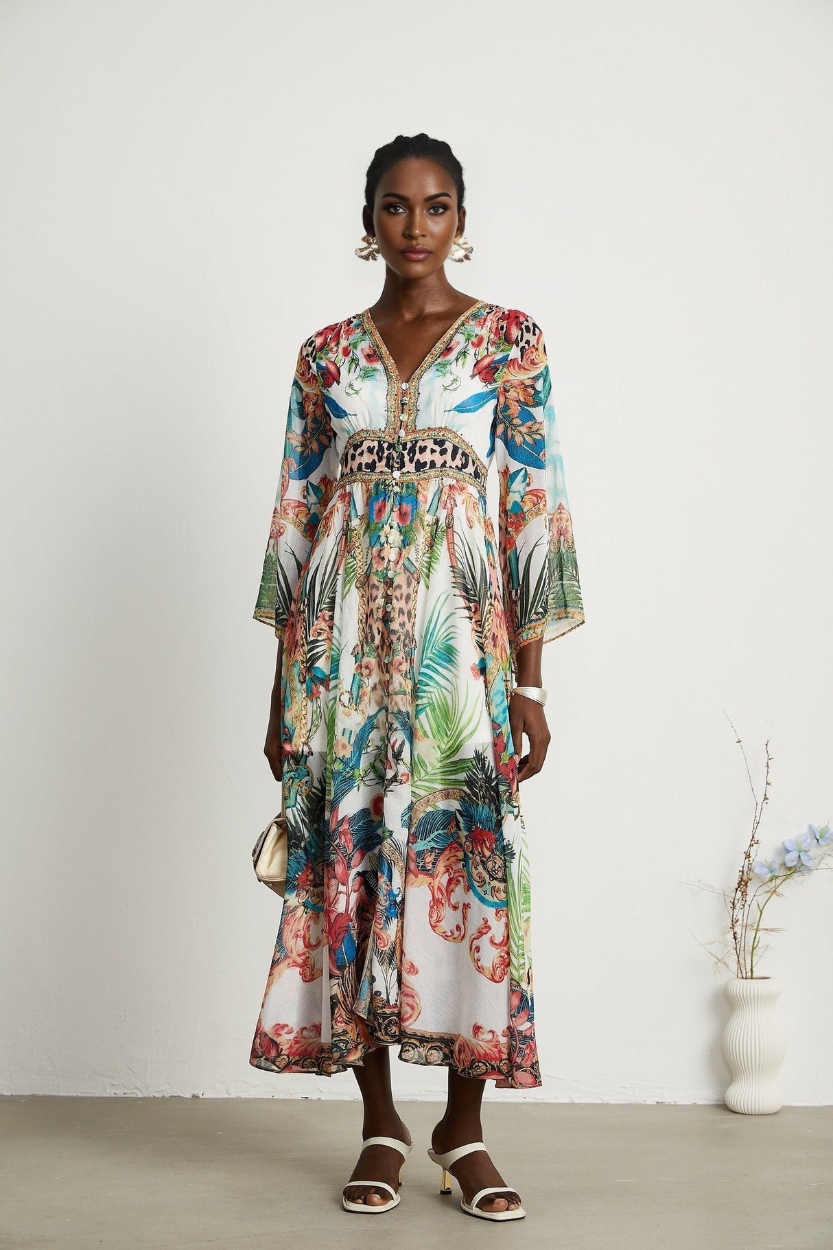 Camilla Midi Dress - Long Sleeves - Deep V - Neckline - All - over Graphic - Crystal Embellishment