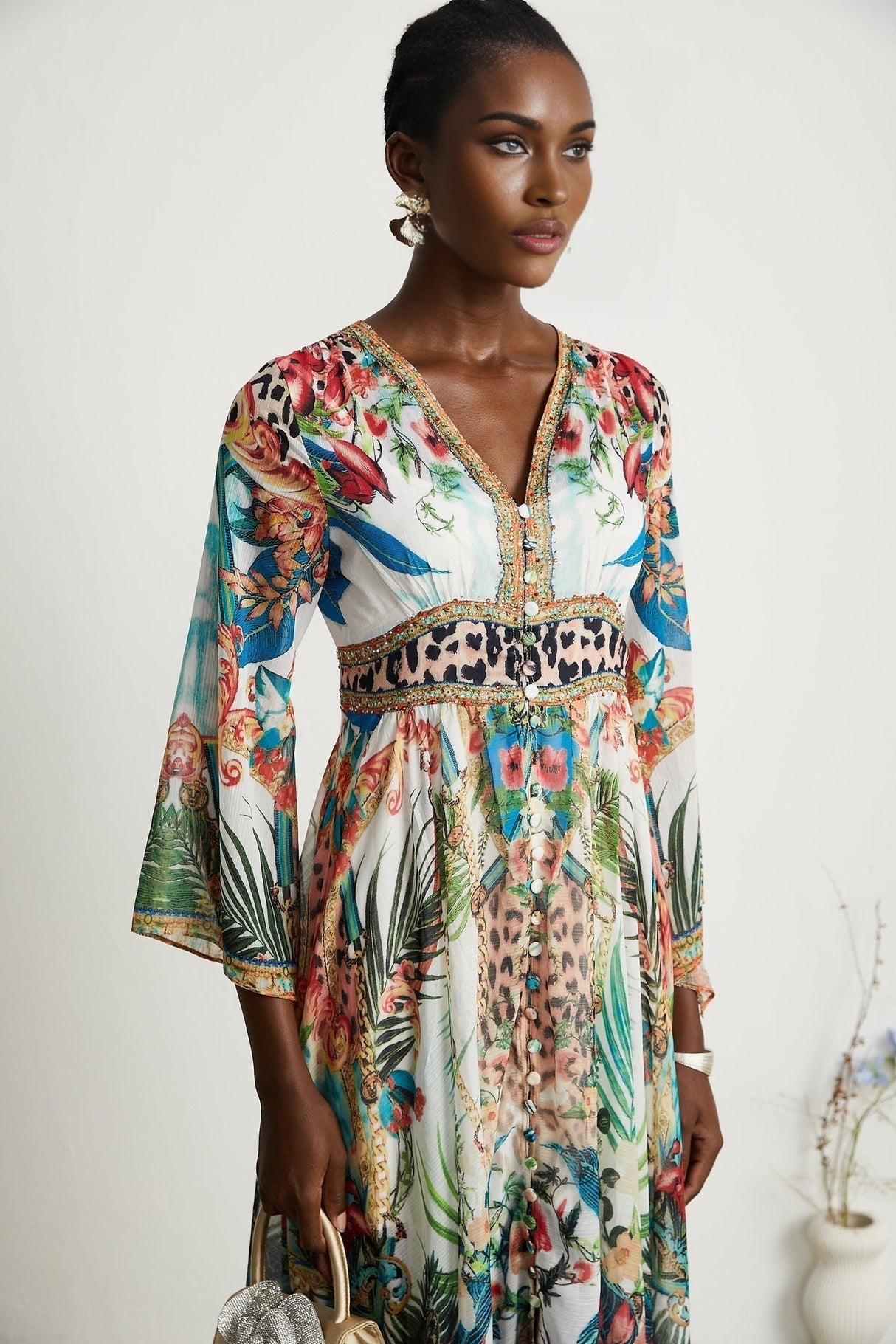 Camilla Midi Dress - Long Sleeves - Deep V - Neckline - All - over Graphic - Crystal Embellishment