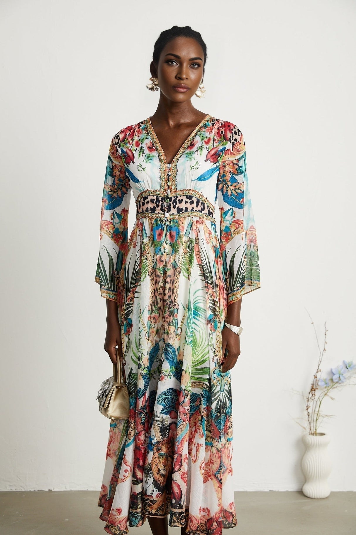 Camilla Midi Dress - Long Sleeves - Deep V - Neckline - All - over Graphic - Crystal Embellishment