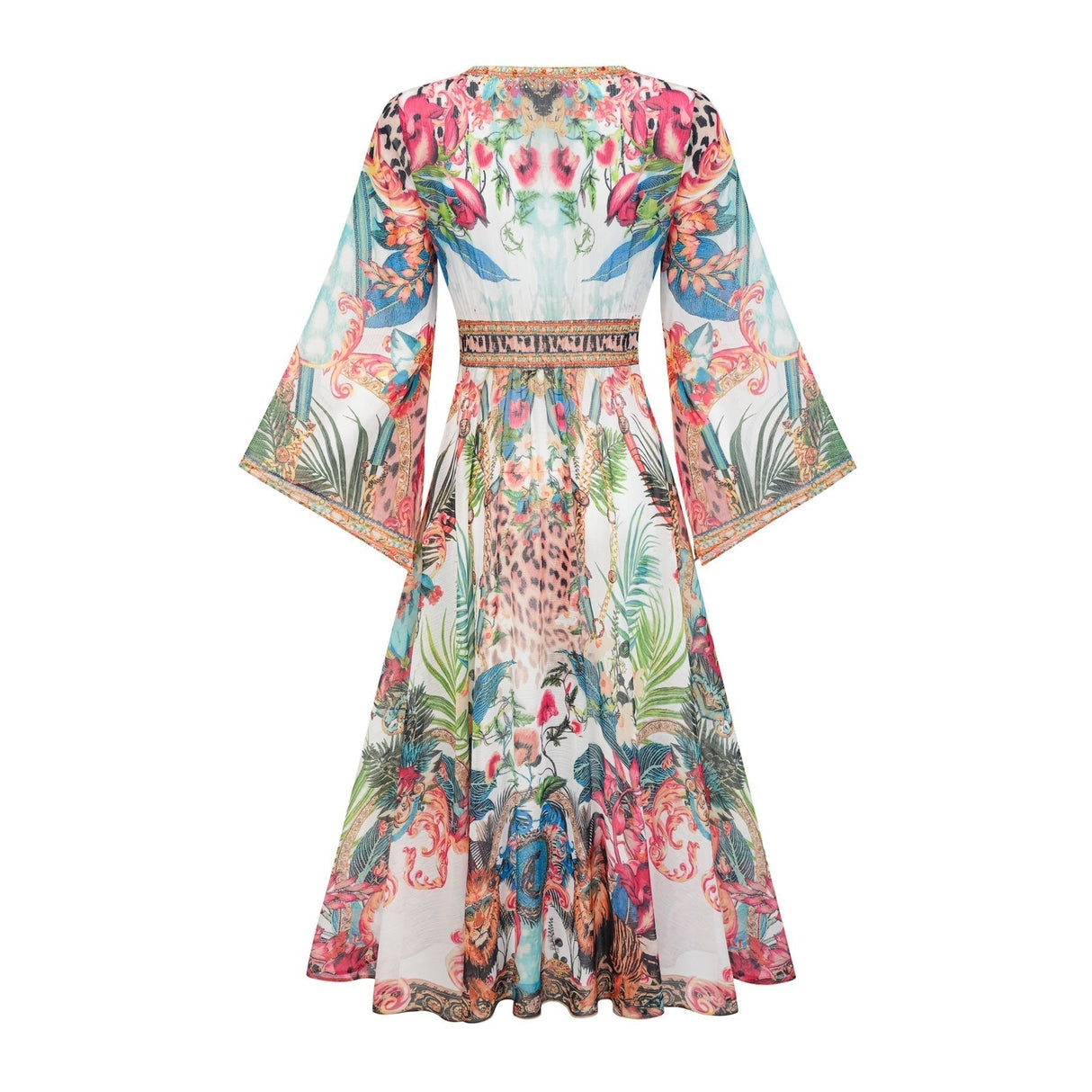 Camilla Midi Dress - Long Sleeves - Deep V - Neckline - All - over Graphic - Crystal Embellishment