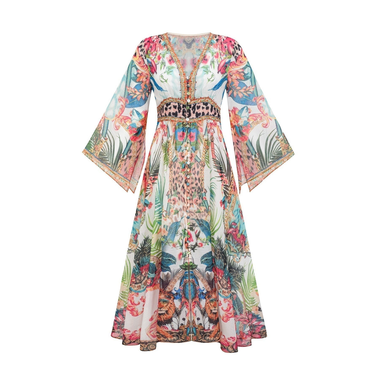 Camilla Midi Dress - Long Sleeves - Deep V - Neckline - All - over Graphic - Crystal Embellishment