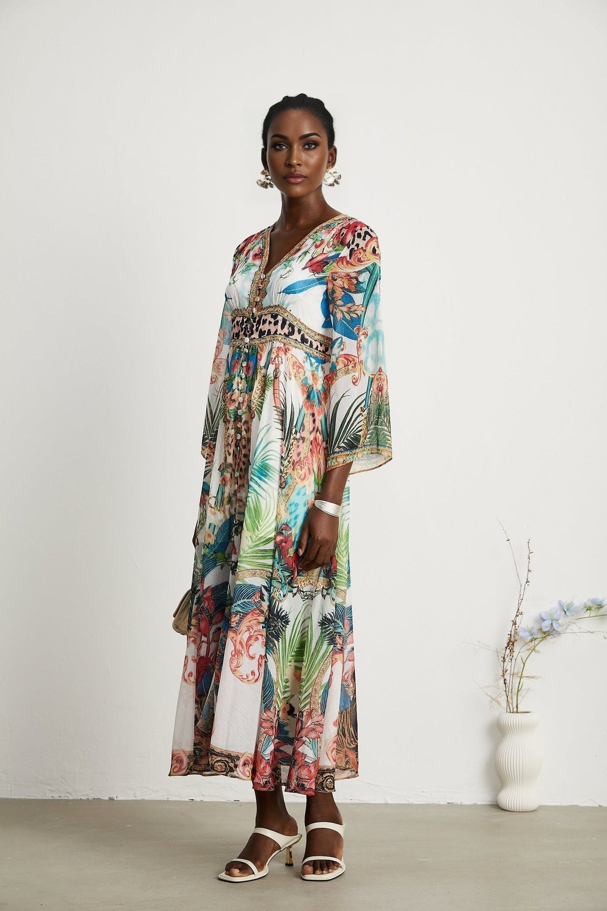 Camilla Midi Dress - Long Sleeves - Deep V - Neckline - All - over Graphic - Crystal Embellishment