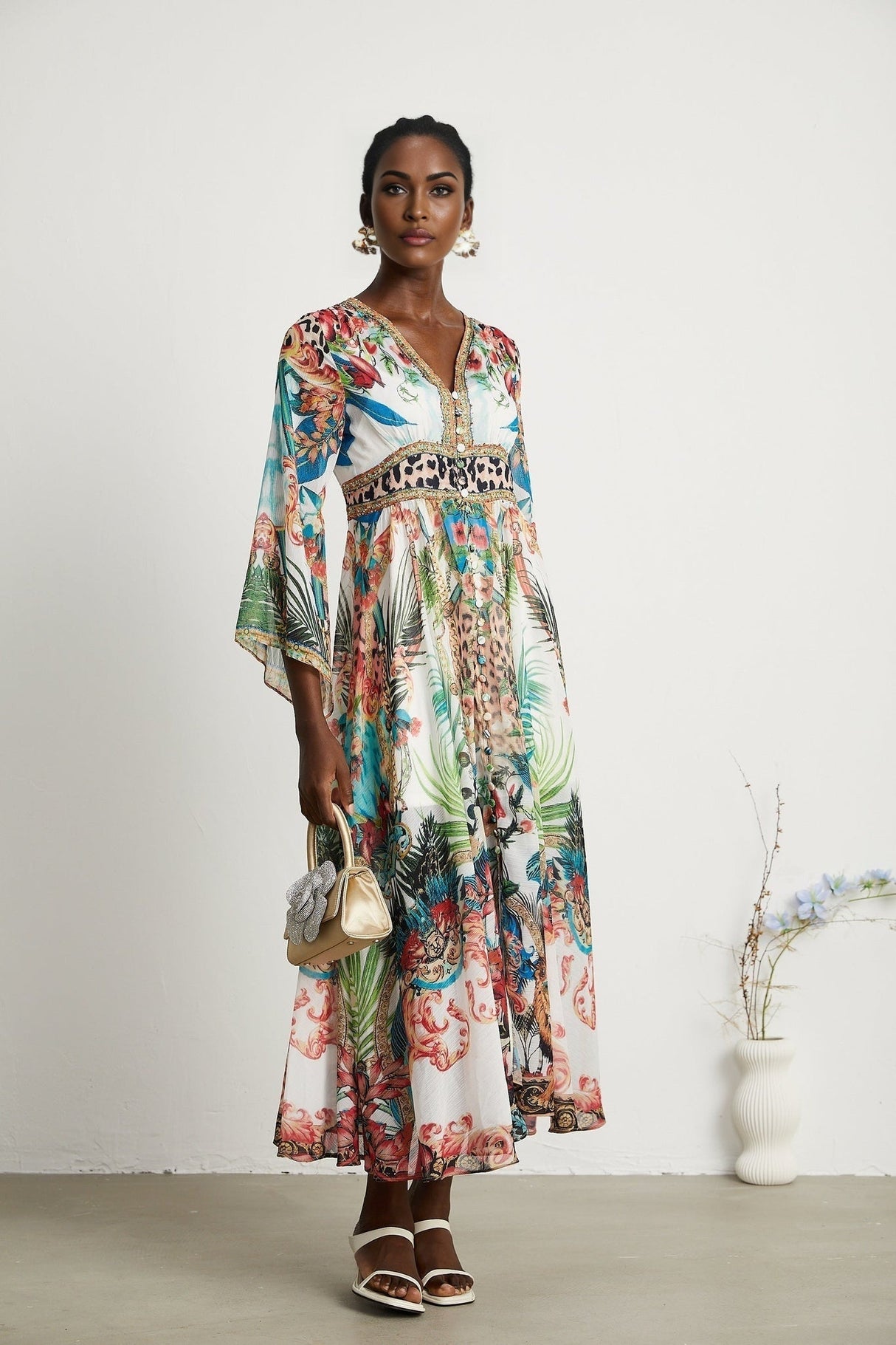 Camilla Midi Dress - Long Sleeves - Deep V - Neckline - All - over Graphic - Crystal Embellishment