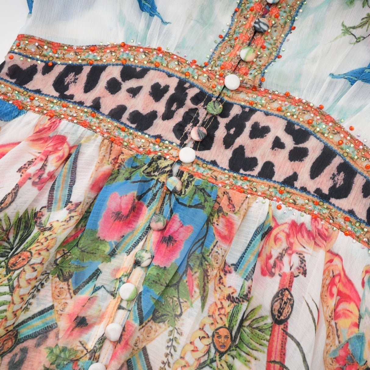 Camilla Midi Dress - Long Sleeves - Deep V - Neckline - All - over Graphic - Crystal Embellishment